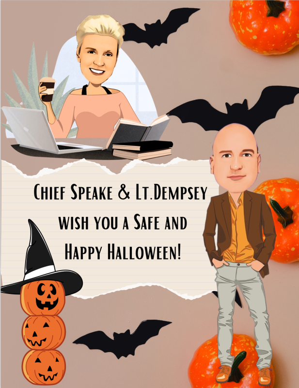 Chief Constance Speake and Lt. Cliff Dempsey come to life in the pages of Melissa Squier’s Halloween activity book. SUBMITTED PHOTO